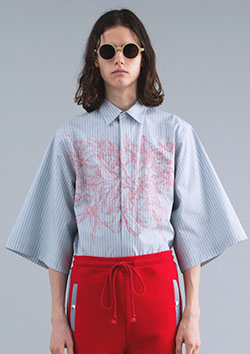 FLOWER EMBROIDERY HAPPI SLEEVE STRIPE SHIRT