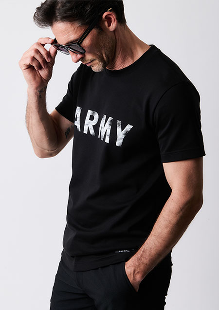 1PIU1UGUALE3 BLACK MILITARY SUPIMA PREMIUM SMOOTH VINTAGE LOGO ARMY T-sh | 99/10BLACK/WHITE