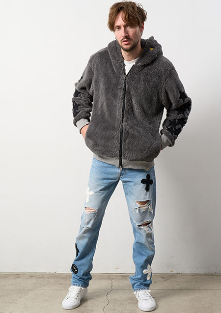 STUD MUFFIN ダブルフェイスムックボア メニースターパッチワーク ジップパーカー | C.GREY