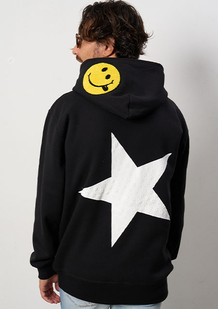 STUD MUFFIN 10ozT-C裏毛起毛 メニーパッチ＆スタープリントプルパーカー | BLACK