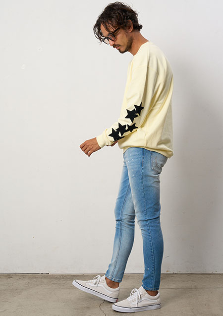STUD MUFFIN 10ozコットン裏毛パイル カットオフスターパッチワークスエットシャツ | YELLOW
