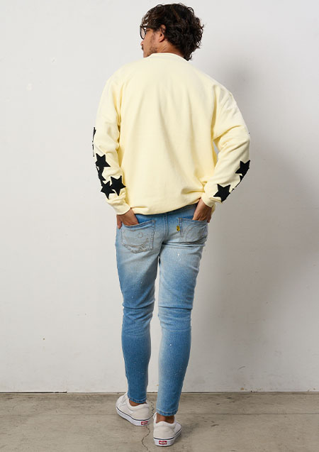 STUD MUFFIN 10ozコットン裏毛パイル カットオフスターパッチワークスエットシャツ | YELLOW