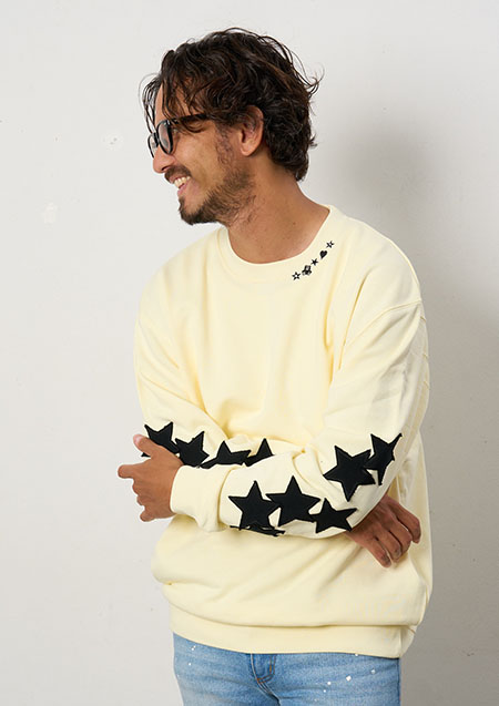 STUD MUFFIN 10ozコットン裏毛パイル カットオフスターパッチワークスエットシャツ | YELLOW