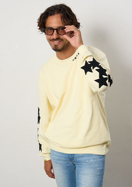 STUD MUFFIN 10ozコットン裏毛パイル カットオフスターパッチワークスエットシャツ | YELLOW