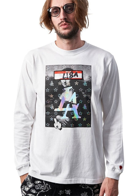 STUD MUFFIN スタッドマフィン 5.6ozコットン天竺 RIZAシークイン LS Tシャツ  | WHITE