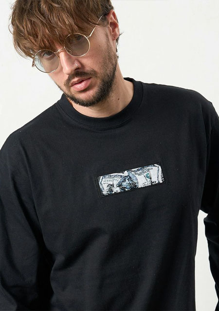 STUD MUFFIN 5.6ozコットン天竺 スターグラムハート&シークインLS Tシャツ | BLACK