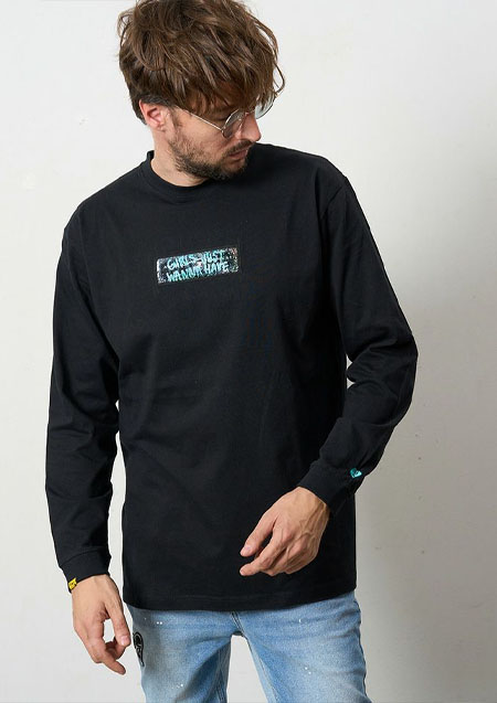 STUD MUFFIN 5.6ozコットン天竺 スターグラムハート&シークインLS Tシャツ | BLACK