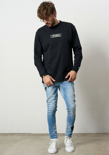 STUD MUFFIN 5.6ozコットン天竺 スターグラムハート&シークインLS Tシャツ | BLACK