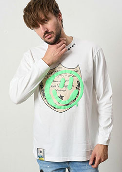 STUD MUFFIN 5.6ozコットン天竺 ラベルスマイル発泡プリントLS Tシャツ | WHITE