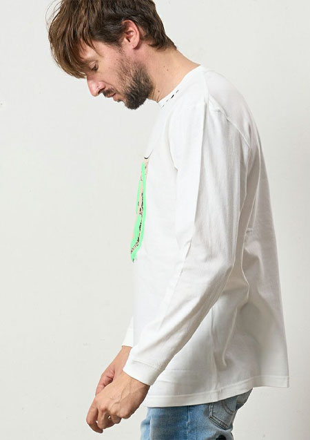 STUD MUFFIN 5.6ozコットン天竺 ラベルスマイル発泡プリントLS Tシャツ | WHITE