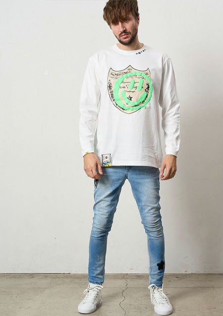 STUD MUFFIN 5.6ozコットン天竺 ラベルスマイル発泡プリントLS Tシャツ | WHITE