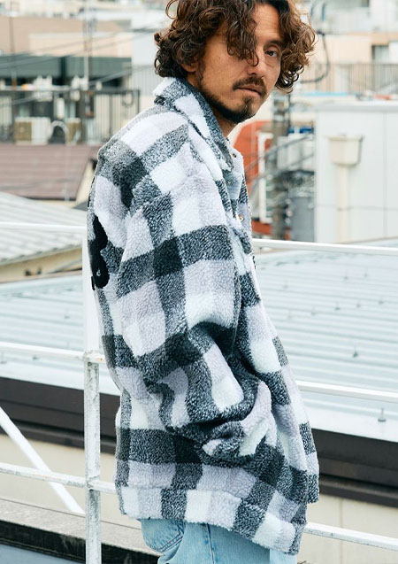 STUD MUFFIN ブロックチェックムックボア サガラパッチワークブルゾン | M.GREY