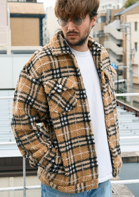 STUD MUFFIN ブロックチェックムックボア サガラパッチワークブルゾン | BEIGE