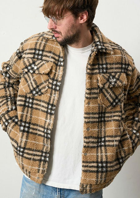 STUD MUFFIN ブロックチェックムックボア サガラパッチワークブルゾン | BEIGE