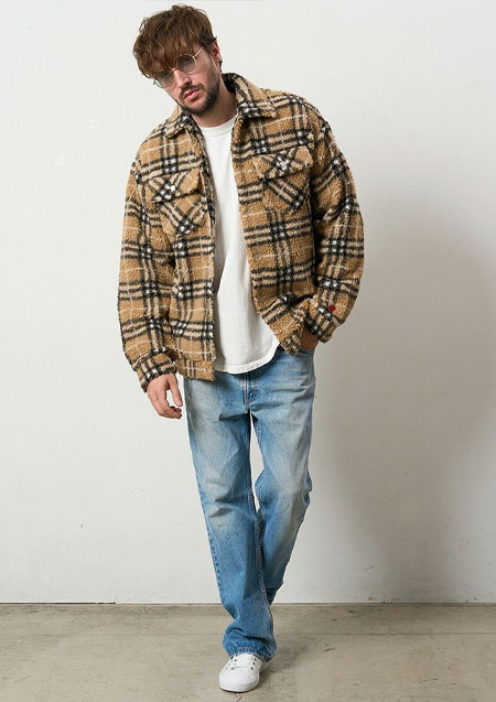 STUD MUFFIN ブロックチェックムックボア サガラパッチワークブルゾン | BEIGE