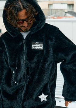 STUD MUFFIN ECOファー マルチパッチワークビックジップワイドパーカー | BLACK