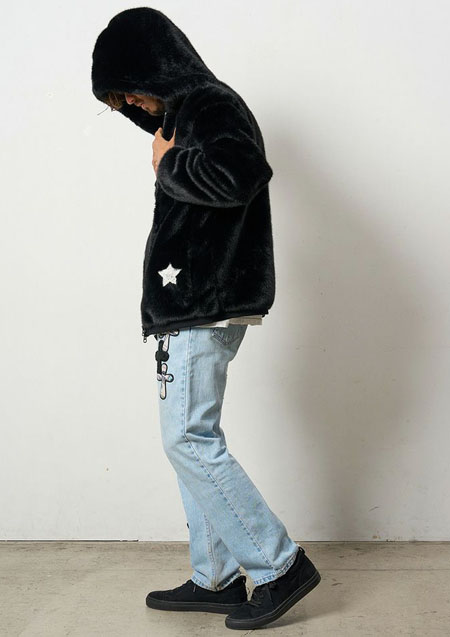 STUD MUFFIN ECOファー マルチパッチワークビックジップワイドパーカー | BLACK