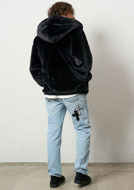 STUD MUFFIN ECOファー マルチパッチワークビックジップワイドパーカー | BLACK