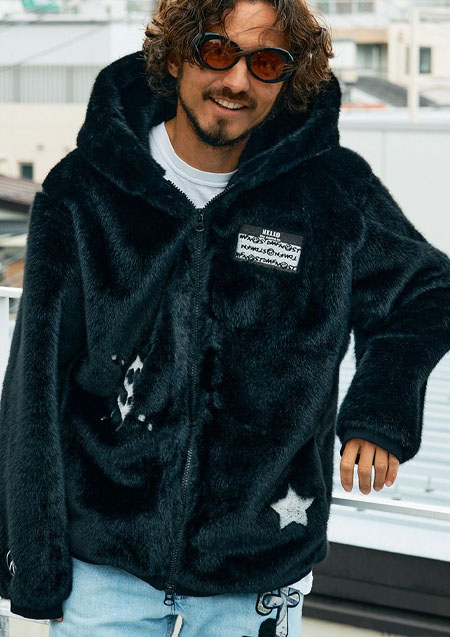 STUD MUFFIN ECOファー マルチパッチワークビックジップワイドパーカー | BLACK