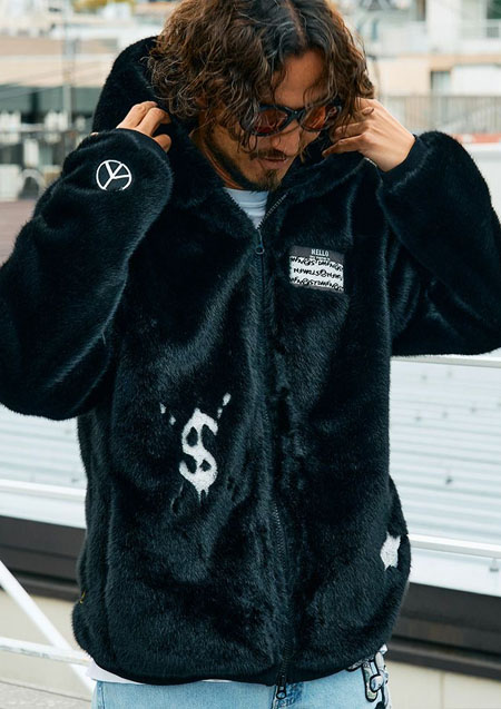 STUD MUFFIN ECOファー マルチパッチワークビックジップワイドパーカー | BLACK