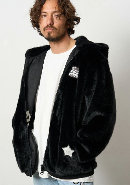 STUD MUFFIN ECOファー マルチパッチワークビックジップワイドパーカー | BLACK