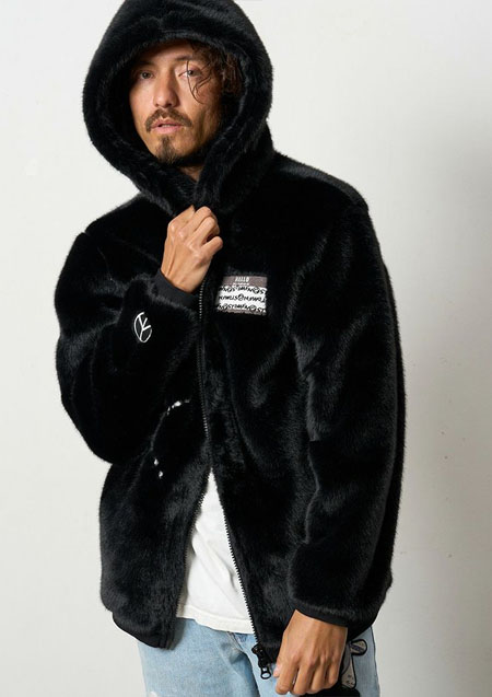 STUD MUFFIN ECOファー マルチパッチワークビックジップワイドパーカー | BLACK