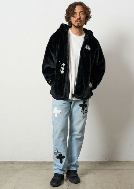 STUD MUFFIN ECOファー マルチパッチワークビックジップワイドパーカー | BLACK