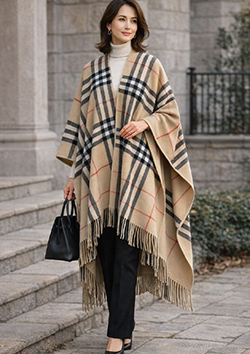 BURBERRY レディース リバーシブル チェック ウール カシミア ポンチョ フリンジ | A7026 ARCHIVE BEIGE