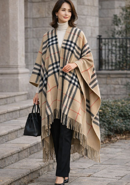 BURBERRY レディース リバーシブル チェック ウール カシミア ポンチョ フリンジ | A7026 ARCHIVE BEIGE