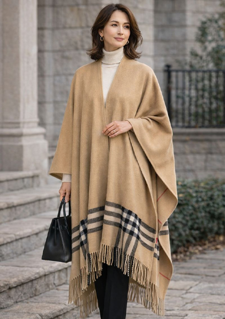 BURBERRY レディース リバーシブル チェック ウール カシミア ポンチョ フリンジ | A7026 ARCHIVE BEIGE