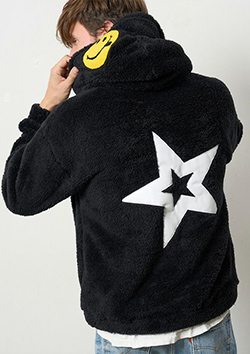 STUD MUFFIN コーラルフリースボア マルチパッチワークプルパーカー | BLACK