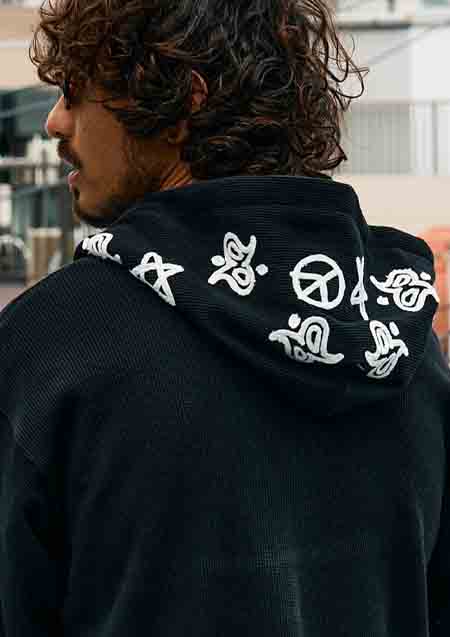 STUD MUFFIN ヘビーウエイトコットンワッフル ペイズリーサガラジップパーカー | BLACK