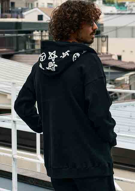 STUD MUFFIN ヘビーウエイトコットンワッフル ペイズリーサガラジップパーカー | BLACK