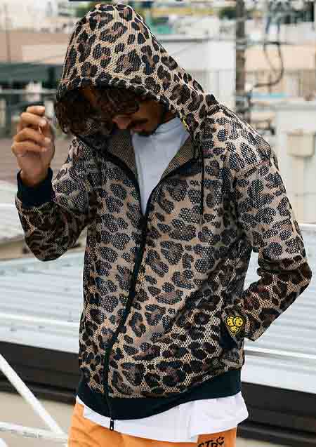 STUD MUFFIN レオパードメッシュ スマイリーパッチ ジップパーカー | BROWN