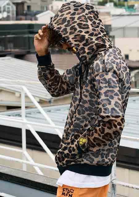 STUD MUFFIN レオパードメッシュ スマイリーパッチ ジップパーカー | BROWN