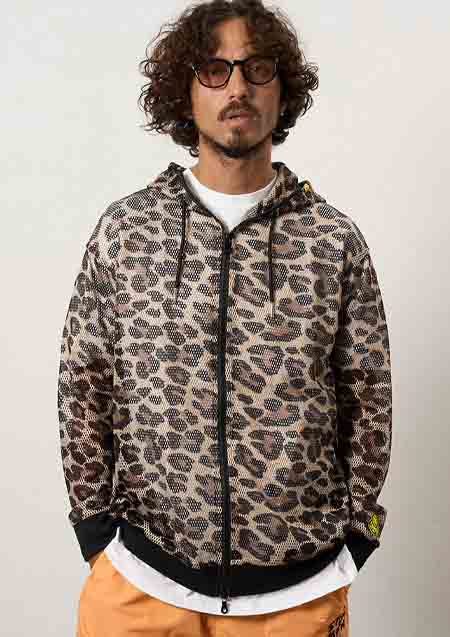 STUD MUFFIN レオパードメッシュ スマイリーパッチ ジップパーカー | BROWN