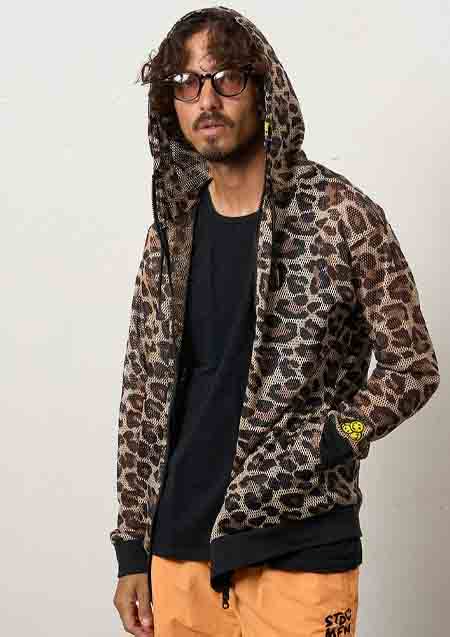 STUD MUFFIN レオパードメッシュ スマイリーパッチ ジップパーカー | BROWN