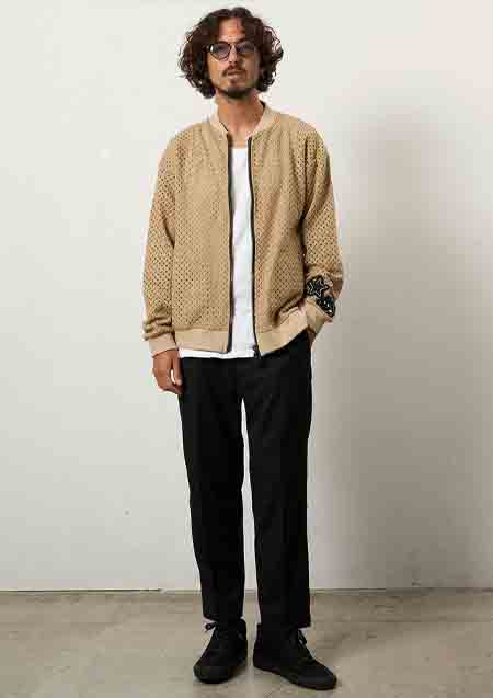 STUD MUFFIN コットンラッセルメッシュ ハンドニットワッペンビックジップブルゾン | BROWN