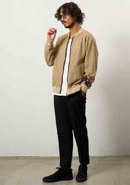 STUD MUFFIN コットンラッセルメッシュ ハンドニットワッペンビックジップブルゾン | BROWN