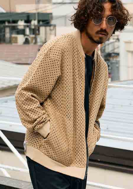 STUD MUFFIN コットンラッセルメッシュ ハンドニットワッペンビックジップブルゾン | BROWN