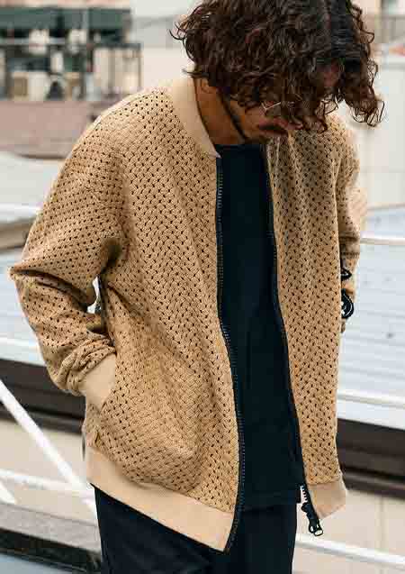 STUD MUFFIN コットンラッセルメッシュ ハンドニットワッペンビックジップブルゾン | BROWN