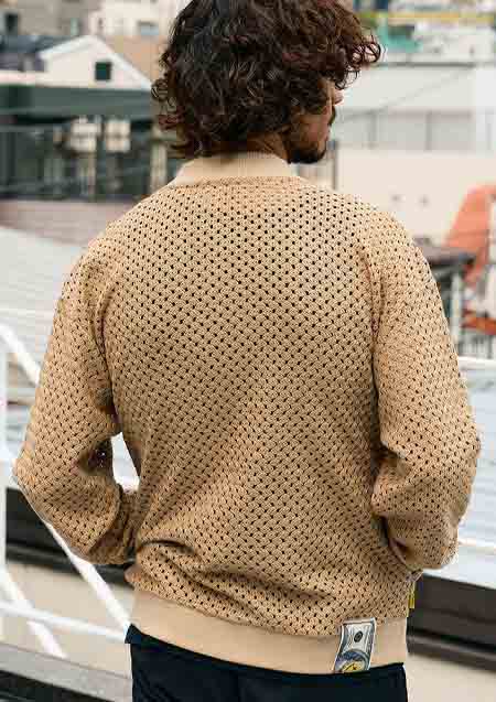 STUD MUFFIN コットンラッセルメッシュ ハンドニットワッペンビックジップブルゾン | BROWN