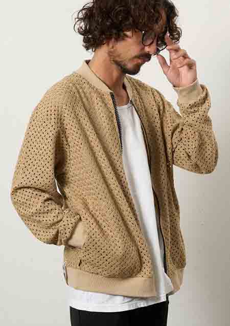 STUD MUFFIN コットンラッセルメッシュ ハンドニットワッペンビックジップブルゾン | BROWN