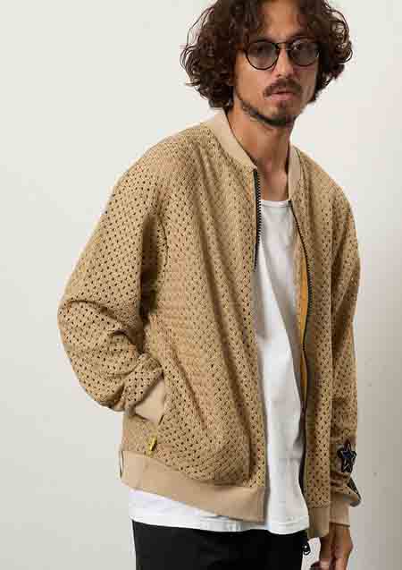 STUD MUFFIN コットンラッセルメッシュ ハンドニットワッペンビックジップブルゾン | BROWN