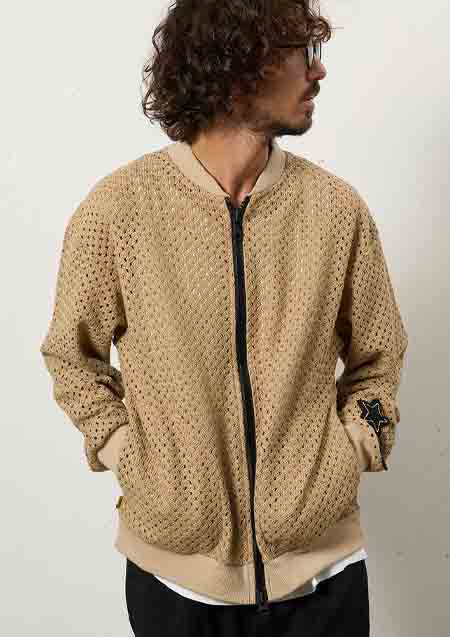 STUD MUFFIN コットンラッセルメッシュ ハンドニットワッペンビックジップブルゾン | BROWN