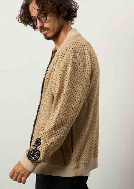 STUD MUFFIN コットンラッセルメッシュ ハンドニットワッペンビックジップブルゾン | BROWN