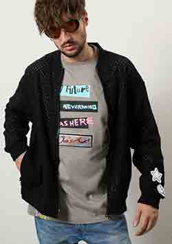 STUD MUFFIN コットンラッセルメッシュ ハンドニットワッペンビックジップブルゾン | BLACK