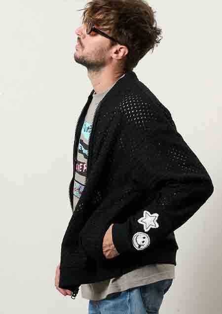 STUD MUFFIN コットンラッセルメッシュ ハンドニットワッペンビックジップブルゾン | BLACK