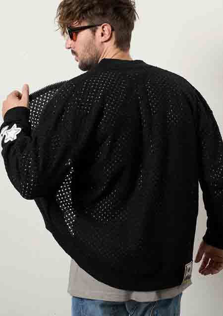 STUD MUFFIN コットンラッセルメッシュ ハンドニットワッペンビックジップブルゾン | BLACK