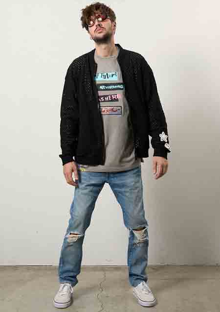 STUD MUFFIN コットンラッセルメッシュ ハンドニットワッペンビックジップブルゾン | BLACK